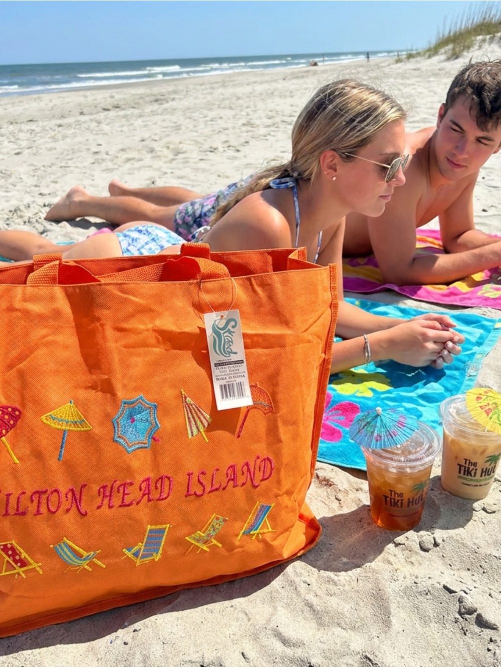 NWT Hilton Head Island Orange Embroidered Canvas Zip Beach Grocery Souvenir Tote